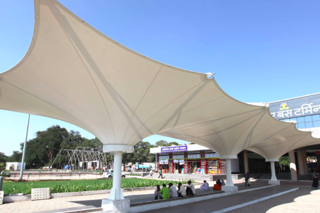 Sioen Type 2 textile in bus stop shadings at the Sinnar bus terminal